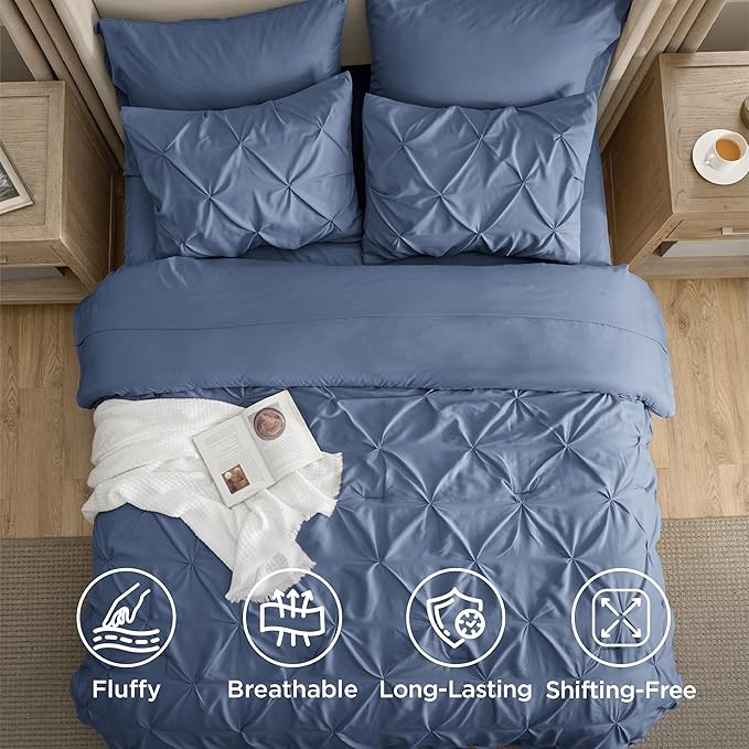 Bedsure California King Comforter Set - Bed in a Bag Cal King Bedding Set 7 PCS, GentleSoft™ Pintuck Bed Set Gift for Family, Pinch Pleat Slate Blue Comforter with Sheets, Pillowcases & Shams