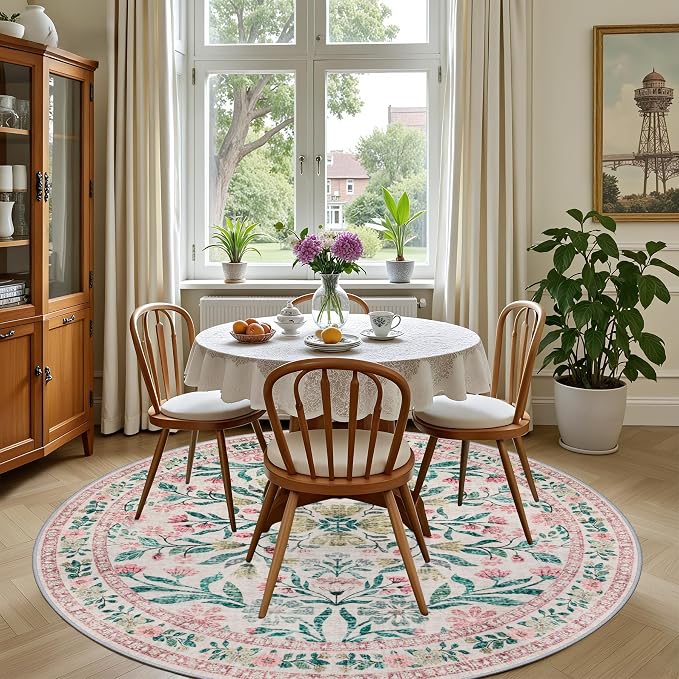 PLHXFR Round Area Rug Living Room: 4 ft Floral Washable Carpet Pink Green | - Image 4