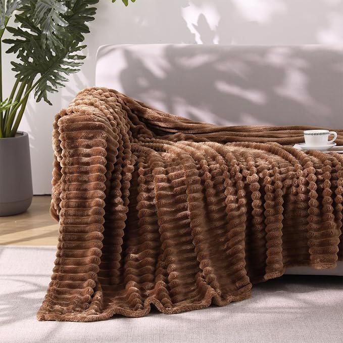 Brown Fleece Throw Blanket for Couch Sofa 50”x60”with Striped Design | Fleece - Image 2