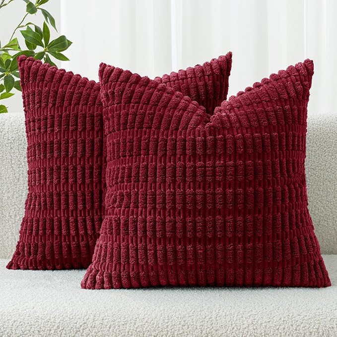 MIULEE Corduroy Decorative Throw Pillow Covers 20x20 Burgundy Pack of 2 | Soft by MIULEE