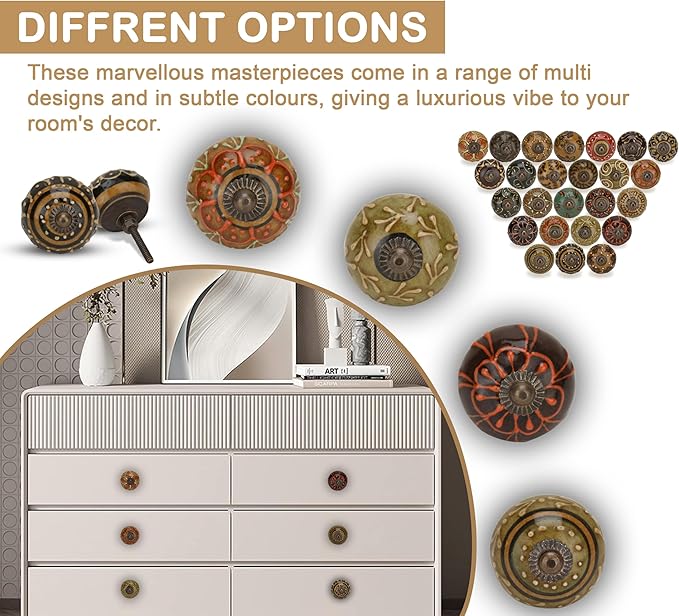 Dresser Knobs for Cabinets and Drawers Assorted, Dusty Ceramic Knob & Pull Handle for Kitchen Brown Cupboard Wardrobe Decorative Furniture Knobs - Pack of 30, (Dark Brown)