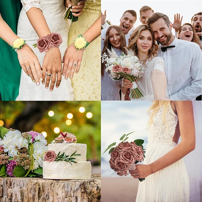 JOYLEX 100PCS Warm Taupe Artificial Flowers Realistic Roses, Real Looking Fake Roses with Stem for DIY Wedding Bouquets Centerpieces Bridal Shower Party Home Romantic Decorations (Warm Taupe, 100pcs)