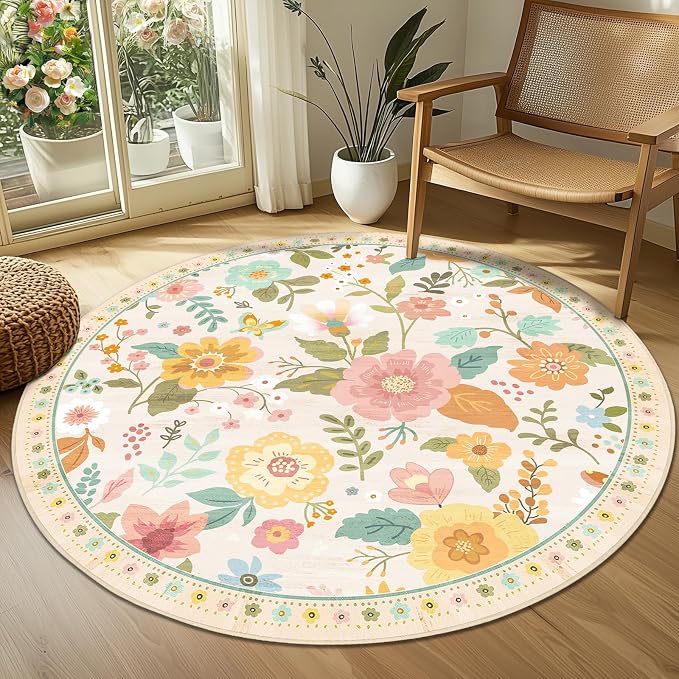 RELEANY Floral Washable Round 4ft Area Rug Beige/White/Orange | Flower Carpet - Image 9