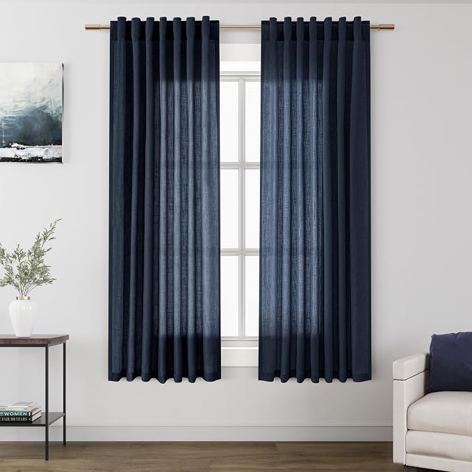 Navy Blue Linen Curtains 63 Inches Length 2 Panels Set by Nanspring