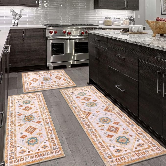 HEBE Boho Kitchen Rugs Set of 3, Non Slip Washable Kitchen Mats - Image 8