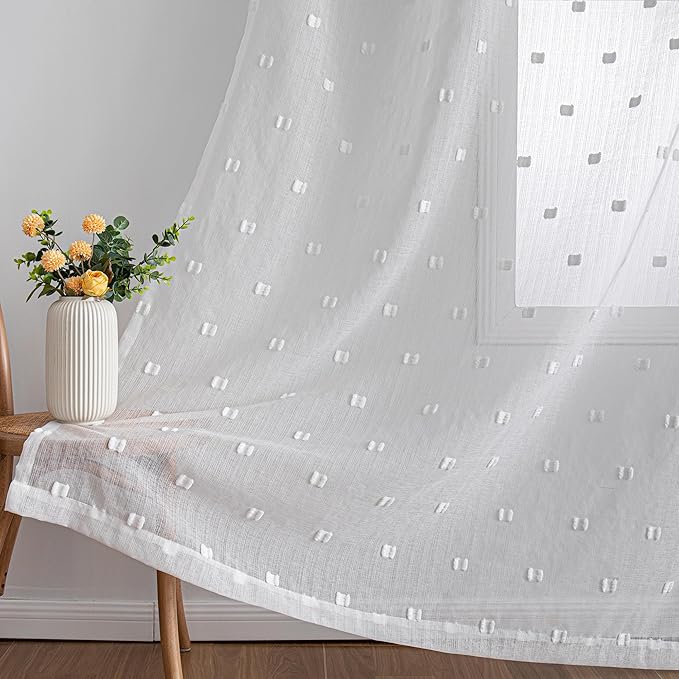 MYSKY HOME White Curtains for Bedroom 84 Inch Length Long Sheer Curtains for Living Room Nursery Curtains with White Patched Design Rod Pocket Privacy Window Drapes Dining Room 52" x 84" 2 Panels