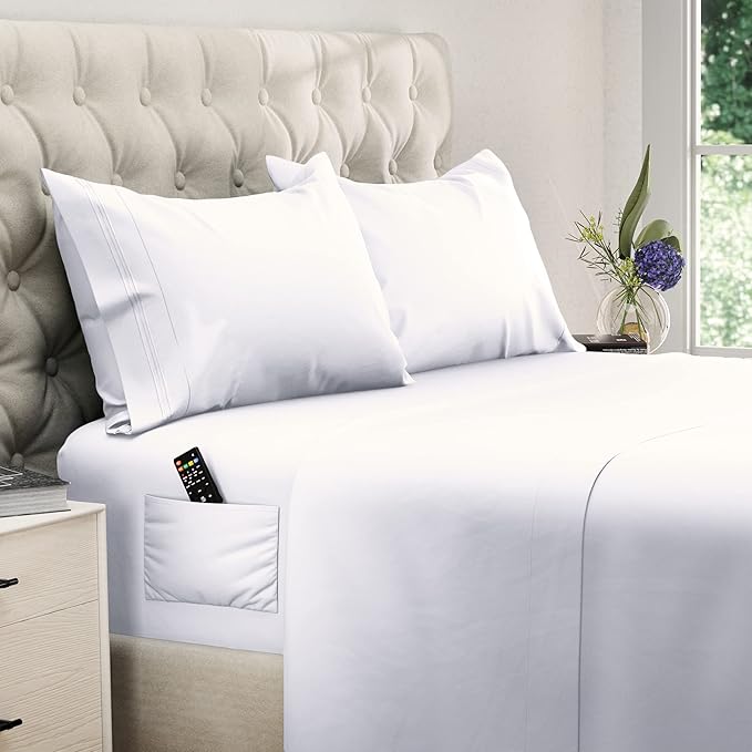 DREAMCARE California King Sheet Sets – 4 pcs Cooling Sheets – up to 21” Deep Cal King Sheets – Hotel Luxury Sheets & Pillowcases – Superior Softness 100% Fine Microfiber with Side Pocket – White