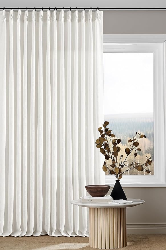 Beige White Pinch Pleated Linen Curtains 132 Inches Long 2 Panels | 400GSM - Image 7