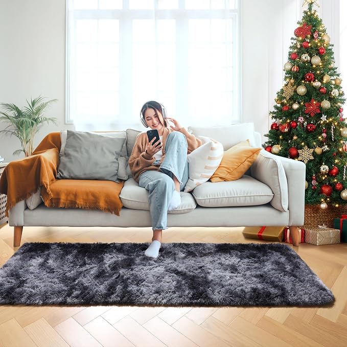 Runner Rugs for Bedroom Living Room, Fluffy Tie-Dyed Dark Grey 2x6 Area Rug | - Image 8