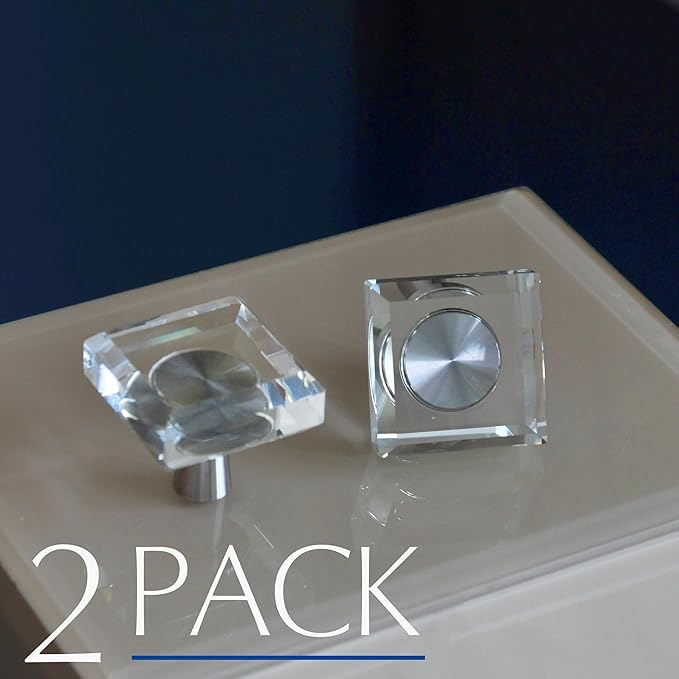 JEREVER 2 Pack Glass Crystal Knobs Brushed Nickel Drawer Pull Cabinet Handle for Dresser Kitchen (Square)