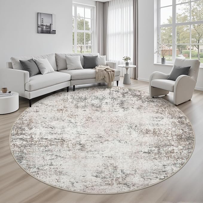 Round Area Rug Living Room: 6 ft Modern Washable Carpet Brown | by FXRHLP