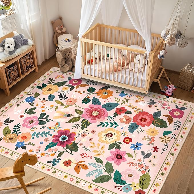RELEANY Floral Washable 6x9 Area Rugs Pink | Flower Carpet Print Boho Cute Non - Image 8