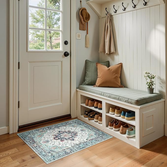 RELEANY Washable Area Rug, Small 2'x3', Teal Green/White/Navy | Non-Slip - Image 5