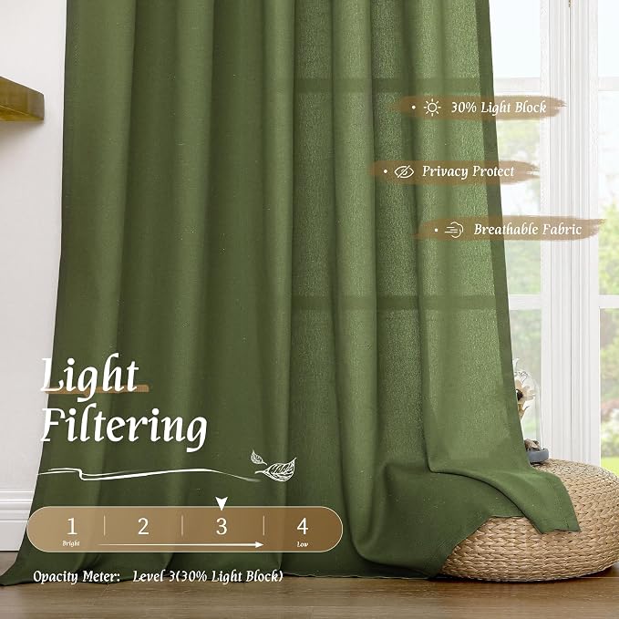 Short Olive Green Linen Curtains 48 Inch - Image 4