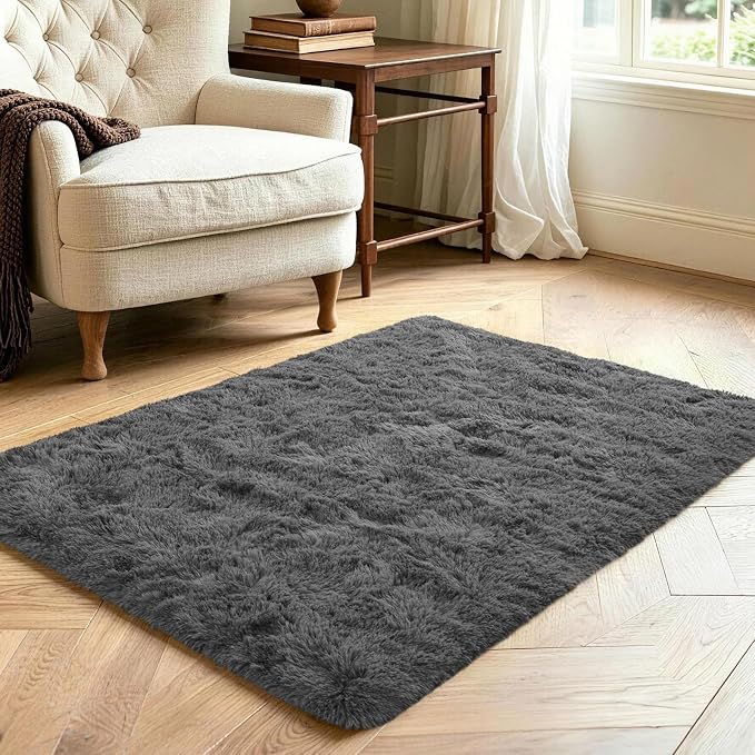 2x3 Dark Grey Fluffy Soft Area Rug Non-Slip - Image 3