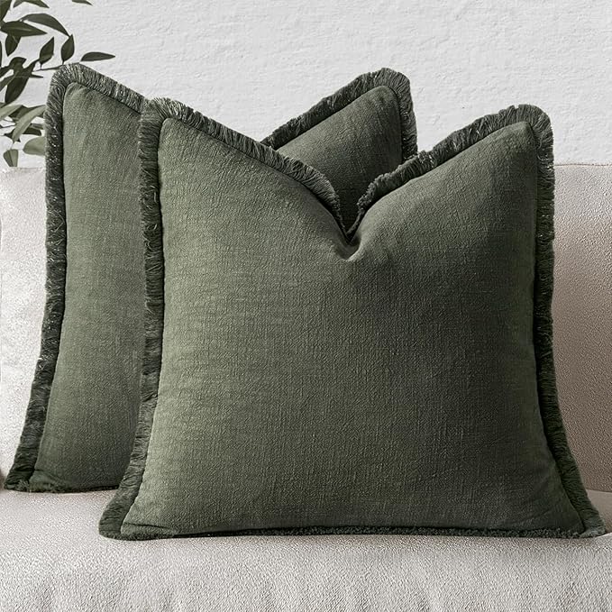 MIULEE Boho Linen Fringe Decorative Throw Pillow Covers Rifle Green 18x18 | Set by MIULEE