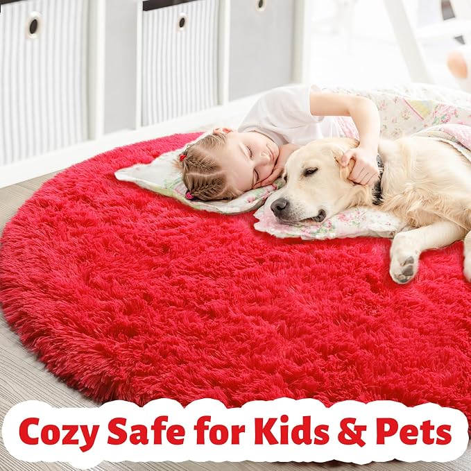 Amdrebio Red Fluffy Round Rug 5Ft - Image 4