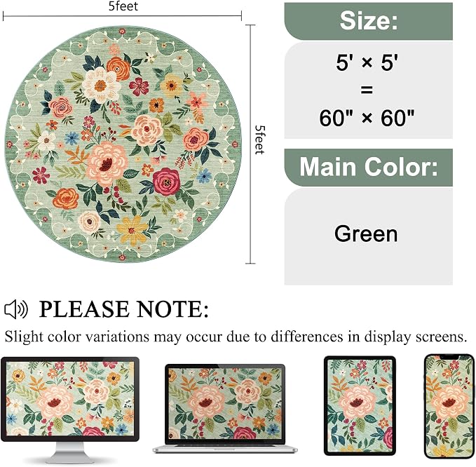 DUKINO 5ft Round Rug, Non Slip Floral Washable Small Circle Rug, Low Pile - Image 2
