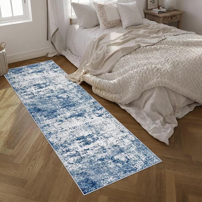 2.6x10 Washable Runner Rug:Modern Abstract Indoor Soft Carpet Blue | - Image 2