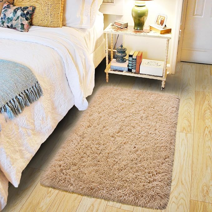 Pionblank Fluffy Small Rug for Bedroom 2x3 Feet, Shag Soft Area Rug, Camel | - Image 2