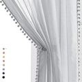 Treatmentex Pom-Pom Grey Sheer Curtains for Bedroom 63" Window Drapes Rod Pocket Textured Sheer Curtain for Kids Room 52" w 2 Panels