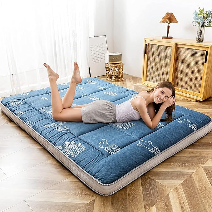 MAXYOYO Grey Cactus Pattern Twin Size Futon Mattress, Quilted Bed Mattress Topper, Extra Thick Folding Sleeping Pad, Breathable Floor Lounger, Guest Bed for Camping, Couch