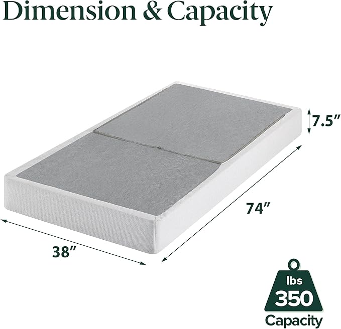 ZINUS No Assembly Metal Box Spring, 7.5 Inch White Mattress Foundation, Sturdy Metal Structure, Twin