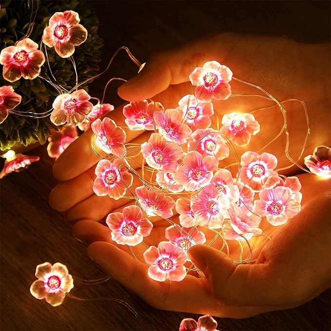 Mudder 13 FT 40 LEDs Cherry Blossom Flower String Lights for Bedroom, Pink Fairy Lights USB and Battery Operated Decorative String Lights Indoor Outdoor(1 Pack)