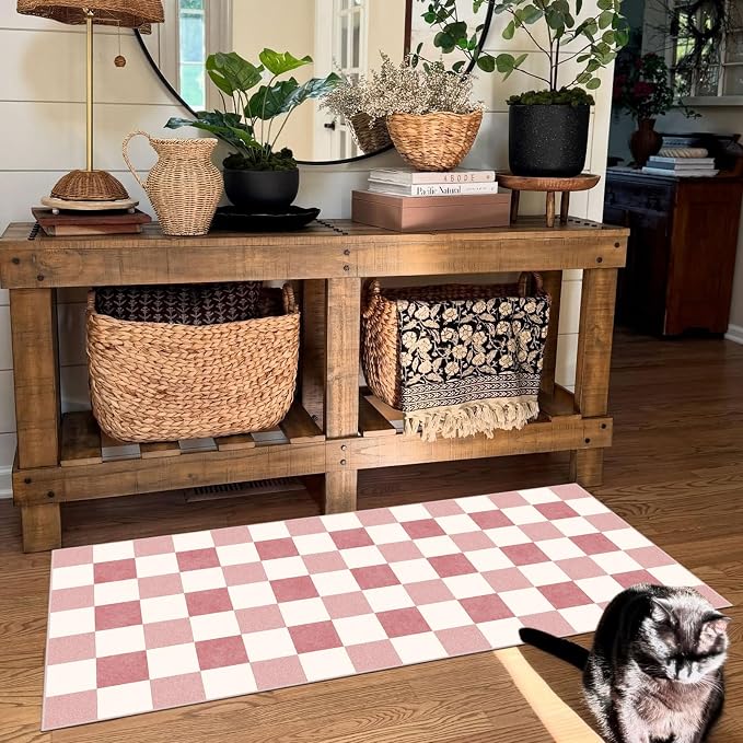 Front Door Mat Indoor Entrance, 2x4.3 Cute Pink White Checkered Rug | Non-Slip - Image 8