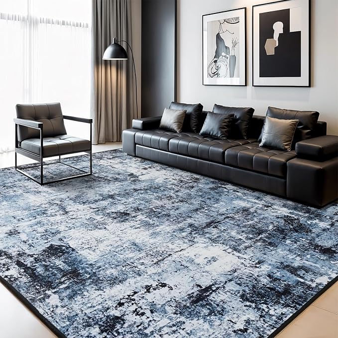 Rugflix 9x12 Area Rugs for Living Room, Washable Navy Blue Dark Large Rug | - Image 9