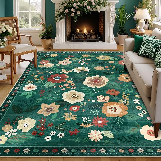 RELEANY Floral Washable 6x9 Area Rugs DarkGreen | Flower Carpet Print Boho Cute - Image 9