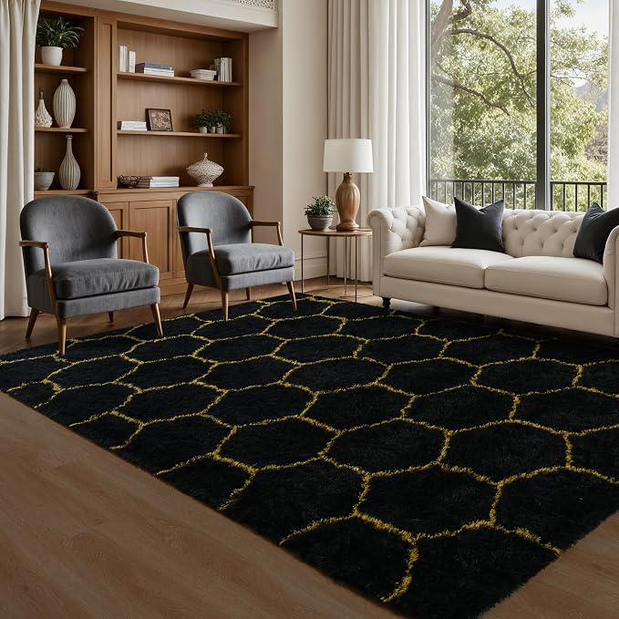 Noahas 5x7 Black Gold Fluffy Soft Area Rug Non-Slip - Image 3