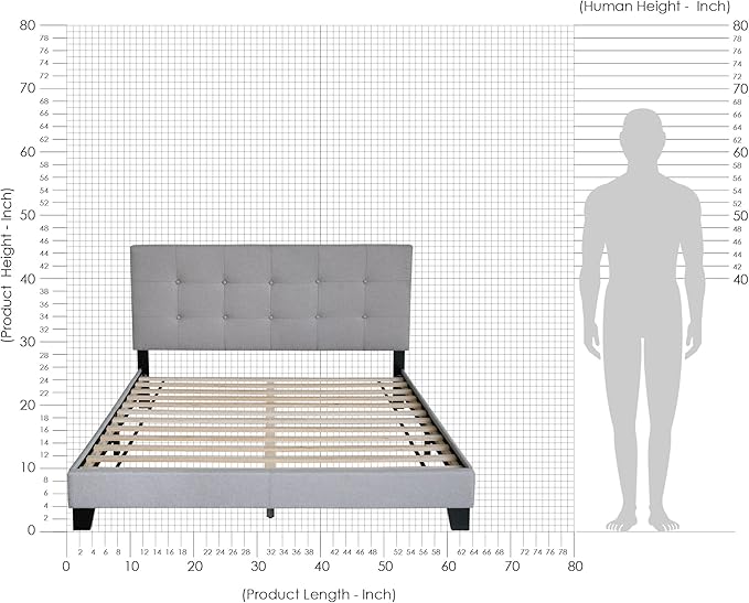 Furinno Laval Button Tufted Upholstered Platform Bed Frame, Queen, Glacier