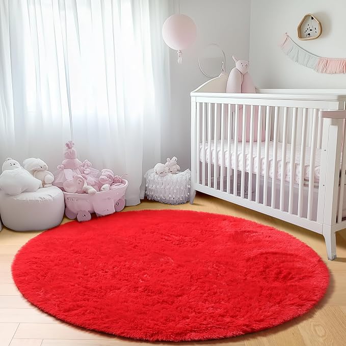Red Round Area Rug 4ft, Soft Bedroom Circle Rugs Floor Mat - Image 7