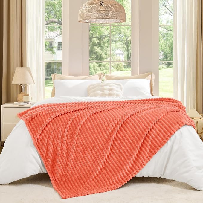 BEDELITE 3D Ribbed Coral Red Fleece Throw Blanket - Image 6