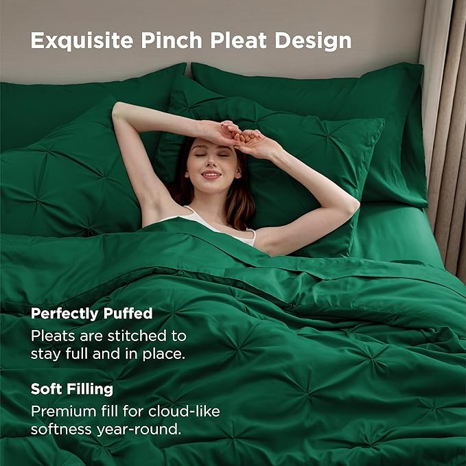 Bedsure Queen Comforter Set Dark Green - Bed in a Bag Queen Size Bedding 7 Pieces, GentleSoft™ Pintuck Bed Set Gift for Family, Pinch Pleat All Season Comforter with Sheets, Pillowcases & Shams