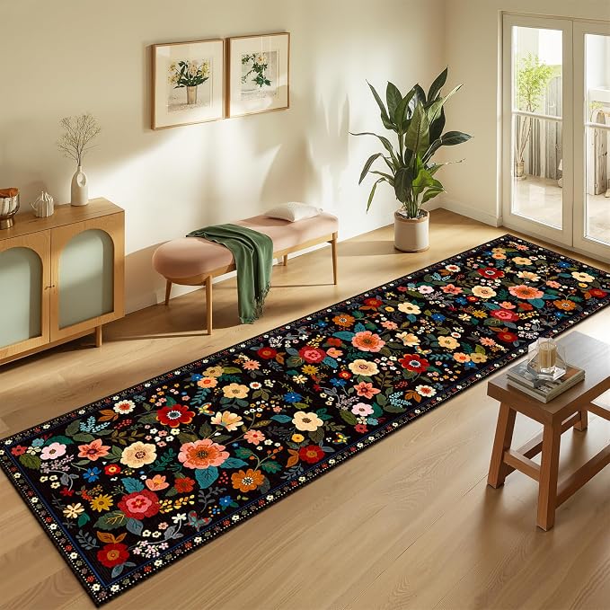 Floral Washable 2x10 Area Rugs Runner Entryway Hallway Black | Flower Carpet - Image 2
