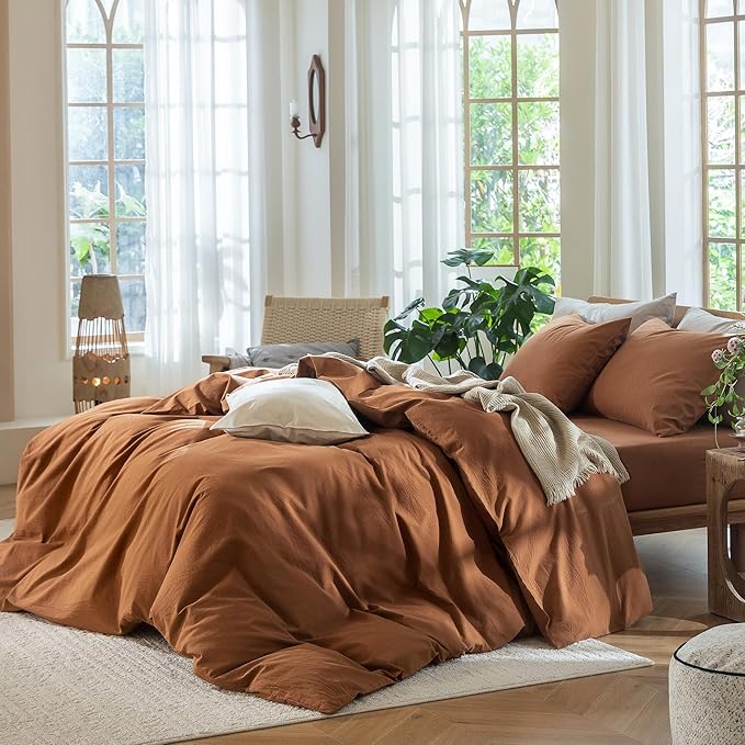 MooMee Bedding Duvet Cover Set 100% Washed Cotton Linen Like Textured Breathable Durable Soft Comfy (Solid Dark Orange, Twin 68"x90")