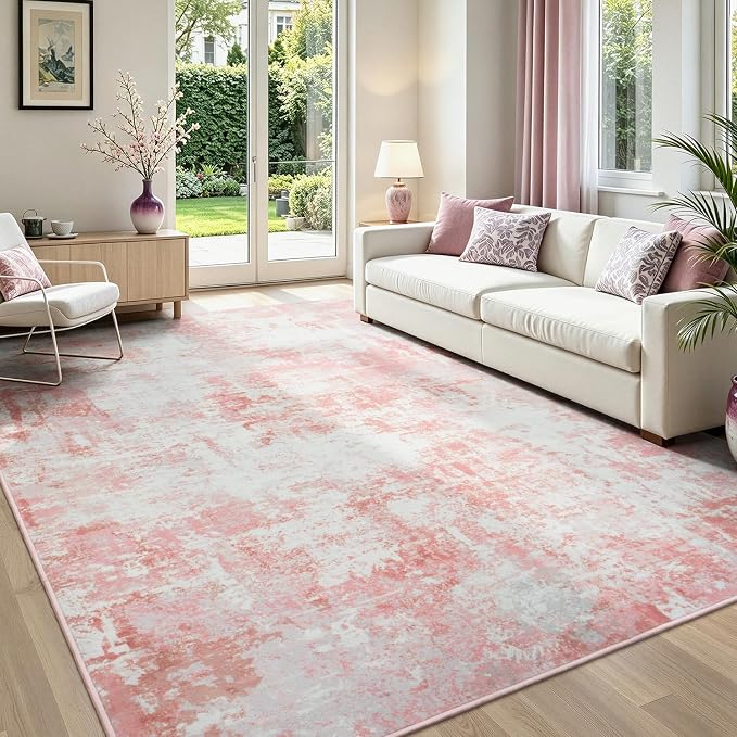 Rugflix 5x7 Area Rugs for Living Room, Washable Pink White Large Rug | Machine - Image 2