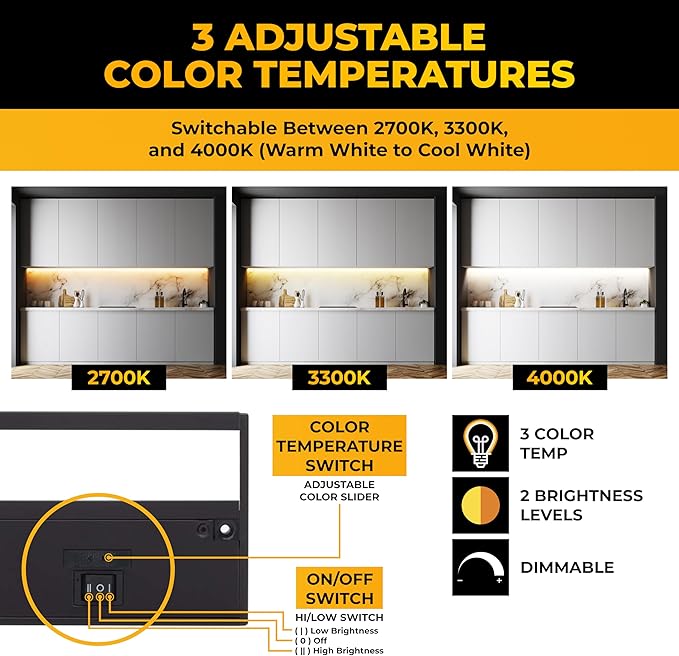 LED Under Cabinet Lighting Hardwired - 3CCT 18 Inch Black Finish - Undercabinet Lights for Kitchen - Linkable Undercounter Dimmable Plug in Light or Hard Wired - Under Counter Fixture Direct Wire