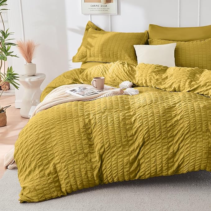 HYMOKEGE Mustard Yellow California King Comforter Set Seersucker 7 Pieces, All Season Luxury Bed in a Bag for Bedroom, Bedding Set with Comforter, Sheets, Pillowcases & Shams