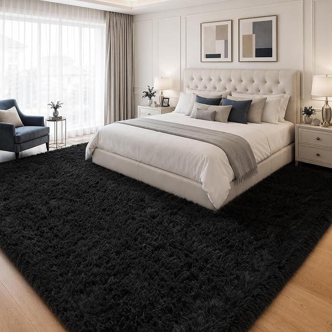 PLHXFR 8x10 Area Rugs Living Room: Fluffy Bedroom Rug Shag Carpet Black | - Image 3
