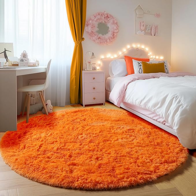 Orange Round Rugs 5ft for Bedroom Living Room, Fluffy Circle Area Rug for Kids by ONASAR