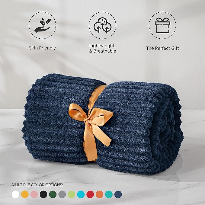 BEDELITE 3D Ribbed Navy Blue Fleece Throw Blanket - Image 3