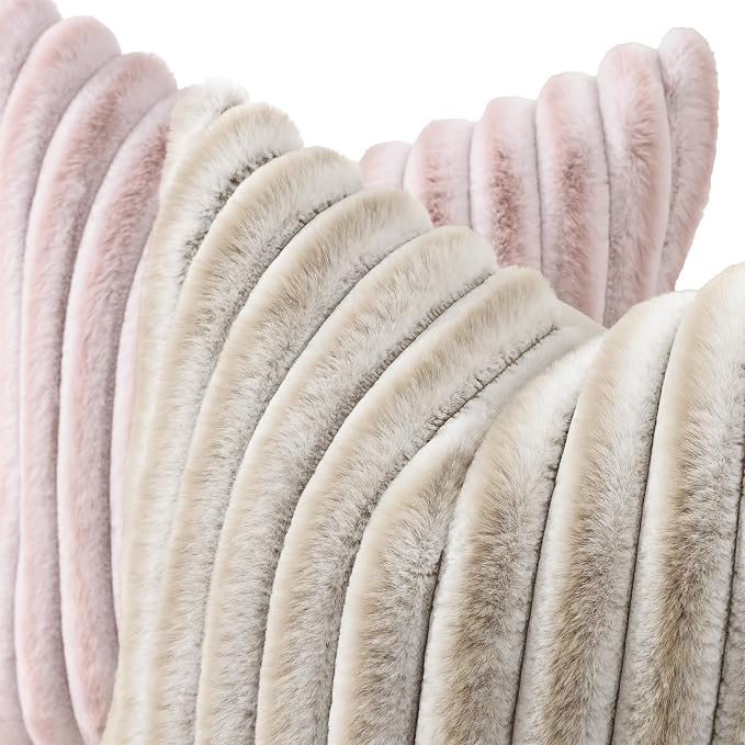 decorUhome Fall Faux Fur Throw Pillow Covers 16x16 Set of 2 Beige White | - Image 2