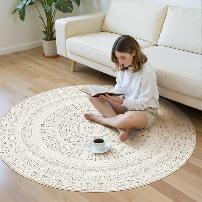 cotiled 5x5 Round Rug 5ft Circle Living Room Boho Area Rugs | Washable Foldable - Image 5
