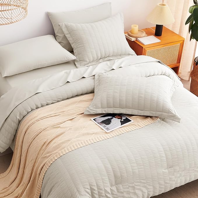 CozyLux Oversized King Comforter Set Beige Seersucker 7 Pieces 120x98 Bed in a Bag Comforter Set with Sheets, Luxury Soft Bedding Sets with Down Alternative Comforter, Sheets, Pillowcases & Shams