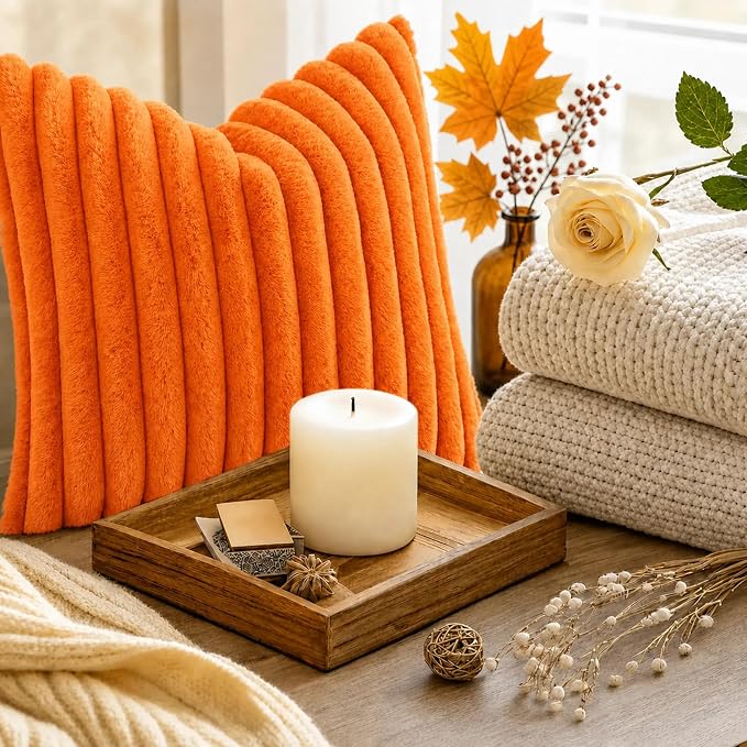 decorUhome Fall Faux Fur Throw Pillow Covers 24x24 Set of 2 Orange | Decorative - Image 9
