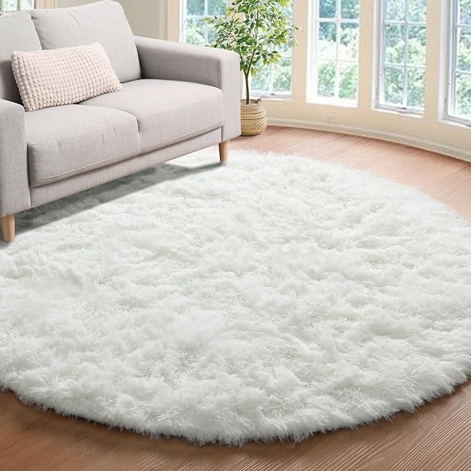 Cream White Round Area Rug 4ft, Fluffy Ultra Soft Bedroom Circle Rugs Floor Mat by ONASAR