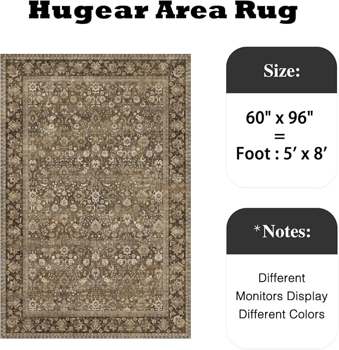 5x8 Brown Vintage Floral Washable Area Rug - Image 2